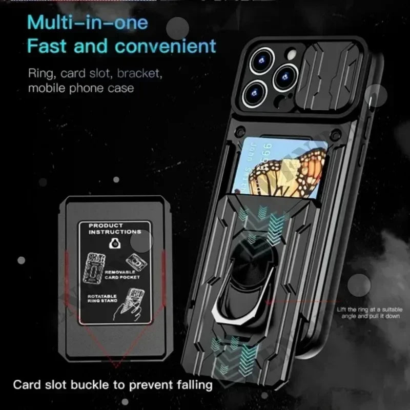 Case For iPhone Slide Stand Ring 360 Magnetic Camera Military Grade Card Slot Cover