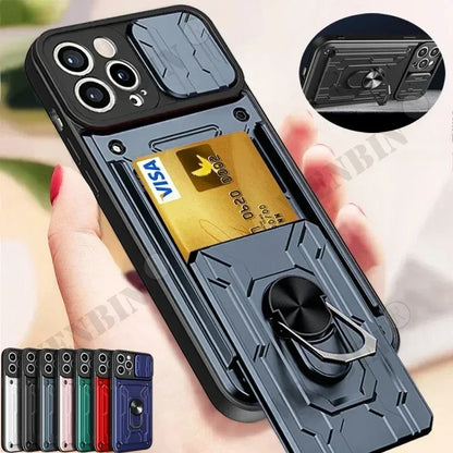 Case For iPhone Slide Stand Ring 360 Magnetic Camera Military Grade Card Slot Cover